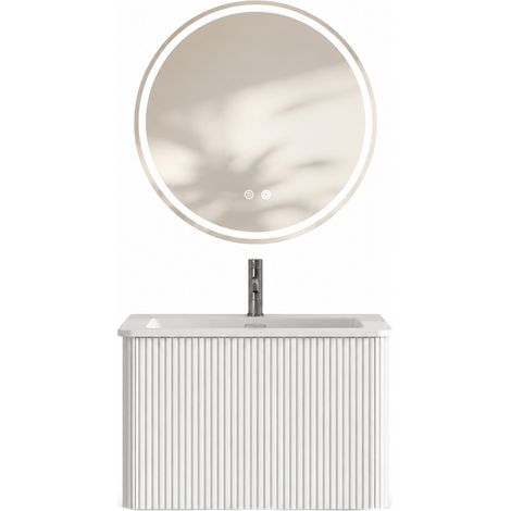 Pack salle de bain complet avec miroir, meuble vasque 60 cm et meuble bas, armoire murale pré-montée, tiroir intégré, finition blanche, miroir rond LED 60 cm. (1/3)