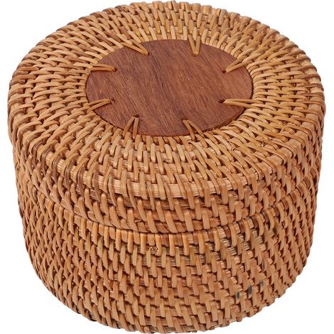 Boîte De Rangement En Rotin - Contenant Rond Avec Couvercle Pour Thé Bonbons Bijoux - Style Bois - 1 Pièce (1/4)