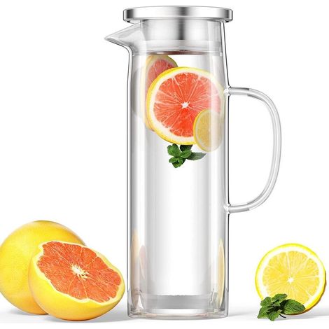 Caraffa in vetro borosilicato trasparente da 1,5 litri, resistente al calore, ideale per acqua, succhi di frutta, caffè e latte. (1/5)