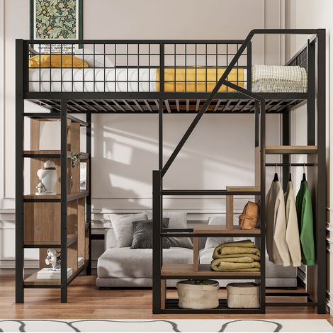 Cama alta 140x200 cm negra de metal y madera con escalera de almacenaje (1/5)