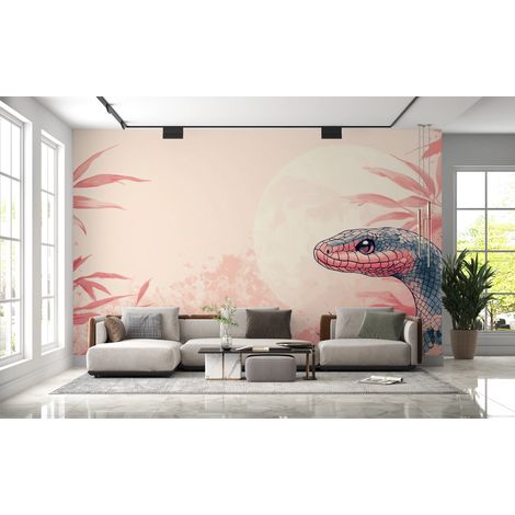 Papier peint animaux - serpent et branches de bambou roses - 150 x 250 cm (1/2)