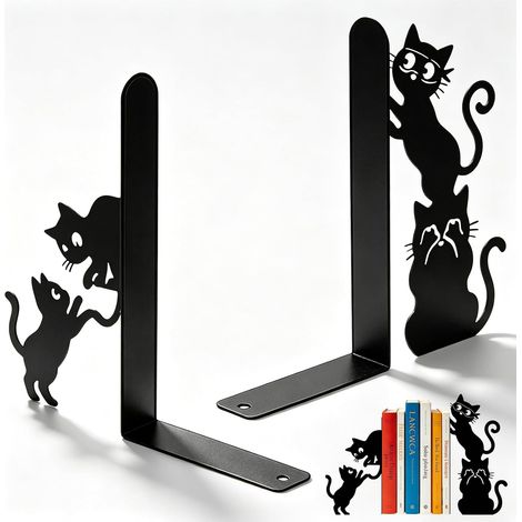 Serre-Livres Métal Chat Mignon, Lot de 2 Serre Livre et Décoratif, Rangement Livre pour Bureau, Étagère (1/5)