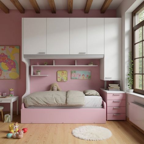Cameretta a ponte con letto estraibile e spazio intelligente - bianco e cipria