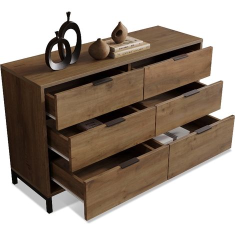 Kommode mit 6 Schubladen, 120x40x76 cm, Sideboard Industrial Style aus Holz und Metall, Dunkle Eiche, Schubladenkommode für Schlafzimmer (1/5)