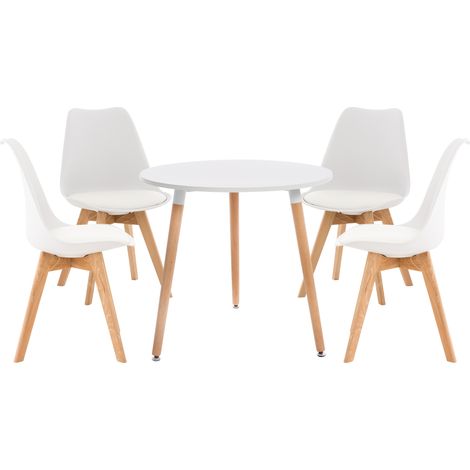 CLP – Ensemble table et chaises 4 places – Table ronde Ø 80 cm – Chaises en plastique avec rembourrage similicuir – Hauteur 83 cm – Pour salle à manger (1/9)