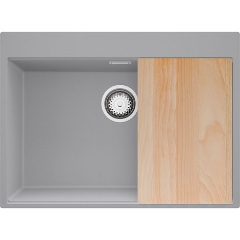 PRIMAGRAN Evier Cuisine en Granit 68x50cm,Lavabo 1 bac + Kit de Vidage + Planche à Découper, Évier à Encastrer au meuble 70cm - Oslo, Gris (1/5)