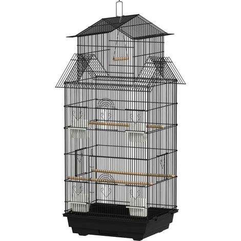 Schwarze Vogelvoliere mit Schaukel, Griff, 4 Futterstellen, 3 Sitzstangen, 50,5 x 41 x 104 cm