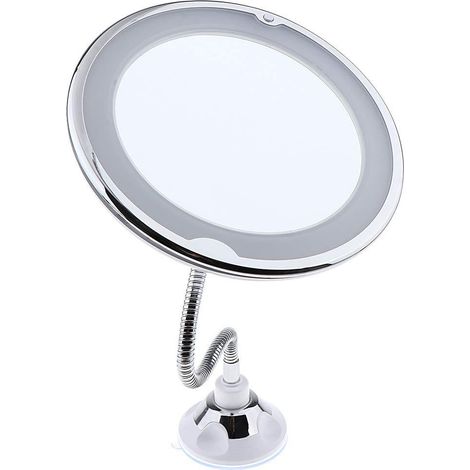 miroir LED de maquillage, grossissant 10 x 14 LED, col de cygne 360°, blanc/argenté,ventouse, miroir pliable flexible (1/5)