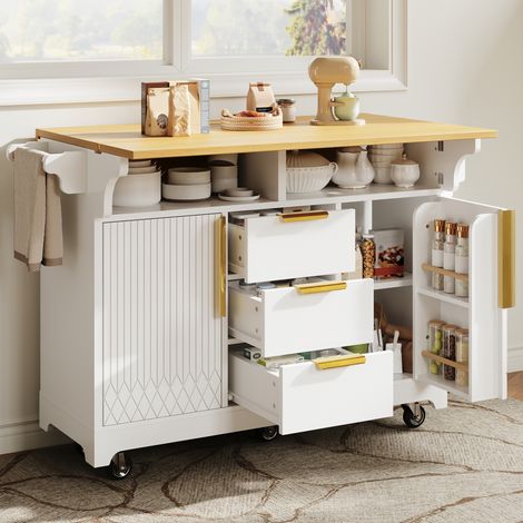 Isla de cocina extensible 120x40x95 cm en Melaminado blanco con almacenaje FloraGrace (1/5)