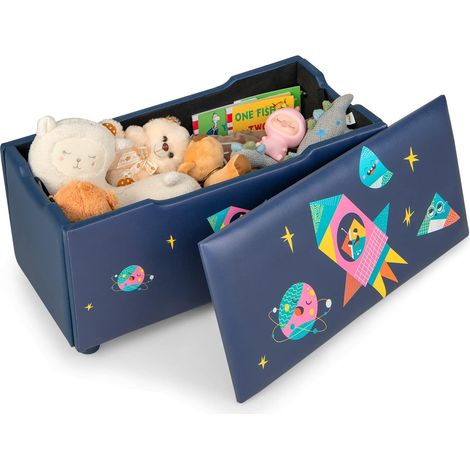COSTWAY Kids Toy Storage Box, Upholstered Children Organizer Chest with Removable Lid, Handle and Adjustable Legs, Storage Ottoman Bench for Bedroom, Nursery, Playroom (Navy Blue) (1/5)