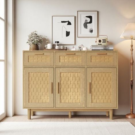 Buffet niedrig - 3 Türen 3 Schubladen - Rattan und Holz - 107,9x40x80 cm - Moderner skandinavischer Stil