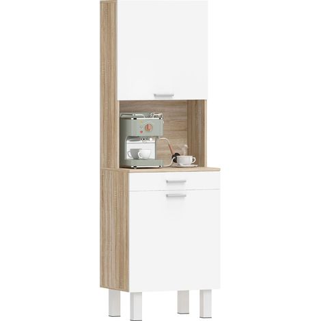 Buffet Haut Cuisine, Armoire de Cuisine, vaisselier avec 2 Portes, tiroir et Plan de Travail, Style Moderne, Meuble de Rangement pour Salon, Salle à Manger, 55x40x174 cm, Blanc et Bois Naturel (1/5)