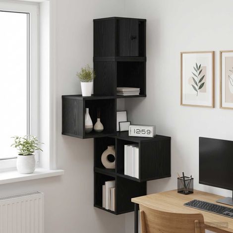 Étagère d’angle murale 7 compartiments en bois d’ingénierie chêne noir 48 x 48 x 120 cm - PANGIVO (1/5)
