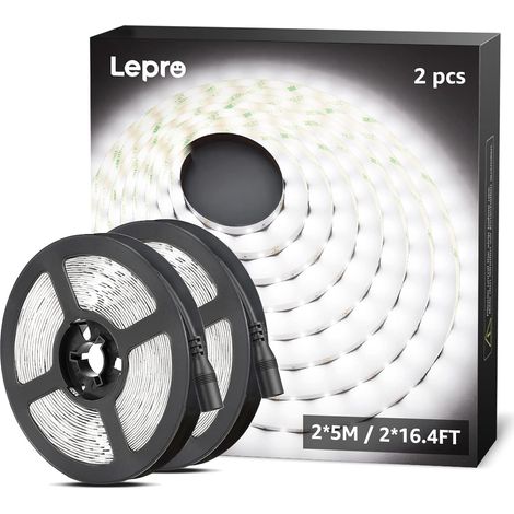 Ruban LED 10m Blanc Froid 6000K Lot de 2 rouleaux de 5m, 600 LEDs SMD 2835, 16W 2300lm, pour meuble, escalier. 12V Adaptateur requis (1/5)