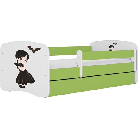 Lit enfant 80x160 cm avec tiroir et barrière amovible sans matelas vert motif Wednesday (1/4)