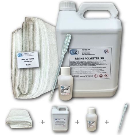 Tissu de verre 6 m² 300 gr/m² – 5 Kg résine polyester – Catalyseur 100 ml – Pipette dosage 10 ml – Résistant aux UV et hydrolyse
