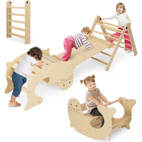 Jouet d'escalade intérieur 53/135 cm x 60 cm x 40/77 cm 7 aires de jeu design pratique en bois naturel