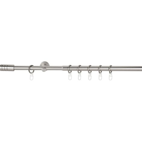 ondeco Gardinenstange ausziehbar 1-lauf, Vorhangstange Fenster Wandmontage, Endstück Rille Komplettgarnitur Teleskopstange 16/19 mm mit Ringen -  Edelstahl-Optik - 120-210 cm