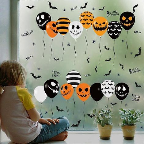 Pegatinas estáticas para ventanas de Halloween: esqueletos, fantasmas, murciélagos, telarañas, calabazas, globos. Decoraciones de Halloween para ventanas, puertas de cristal y casas encantadas. (1/5)