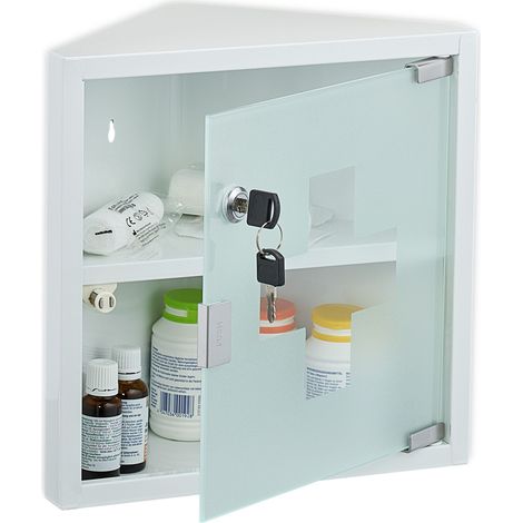 Relaxdays Corner Medicine Cabinet, with 1 Shelf, 30x30x17.5 cm, Lockable, First Aid Cupboard, Steel, Glass Door, White
