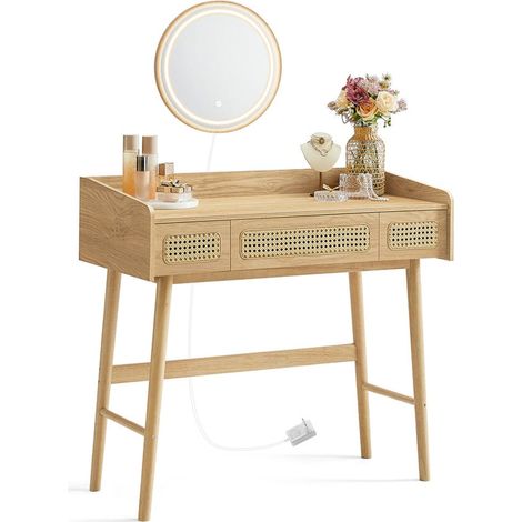 Coiffeuse avec miroir et lumière table de maquillage 3 tiroirs imitation rotin lumière réglable avec 3 nuances de couleur style bohème chambre beige