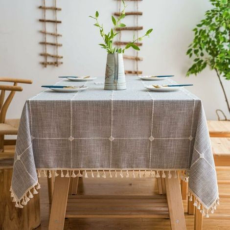 Nappe de Table Lavable en Coton et Lin, Pampilles Nappe de Anti-Poussière Rectangulaire pour Décoration de la Cuisine(Gris à Carreaux, Rectangulaire/Ovale, 140x260cm, 8-10 sièges) (1/4)