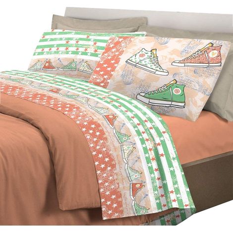 Completo letto con stampa fotografica scarpe 100% cotone 3 misure parure Ragazzo/Ragazza Arancio - 1 Piazza e mezza