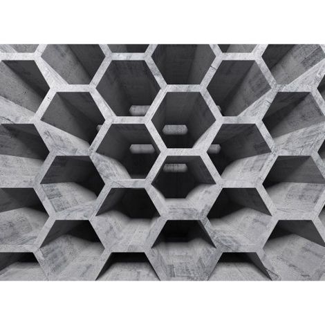 Papier peint panoramique 3D ruche béton Tapisserie panoramique grise motif hexagone béton Papier peint panoramique gris chambre ado (1/4)