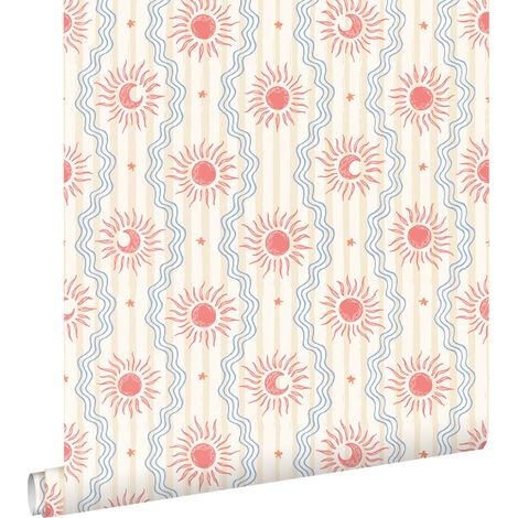 papier peint ornements au style rétro beige, bleu et rouge  - ESTAhome (1/4)