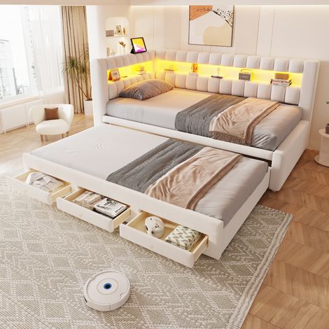 Gain de place lit banquette gigogne 90x190 cm avec tiroirs de rangement LED et USB pour matelas 90x190 (1/5)