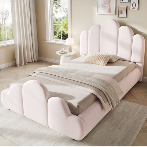 Cama infantil 90x200 cm con somier de láminas, estructura estable, esquinas redondeadas, terciopelo rosa para dormitorio (1/5)