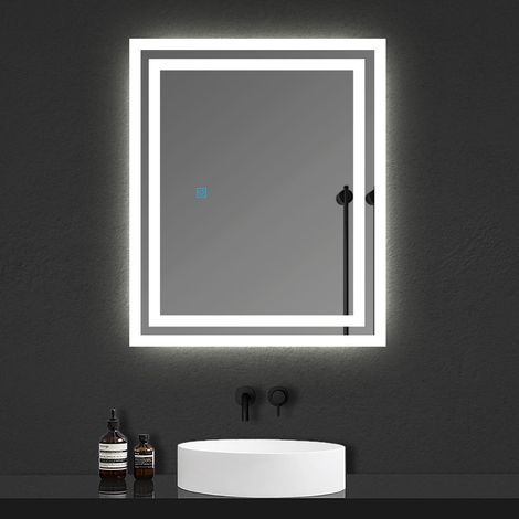 600X500mm Illuminated Bathroom Mirrors with LED Lights, Demister Pad, Touch Switch, 6000K Cool White Light, IP44