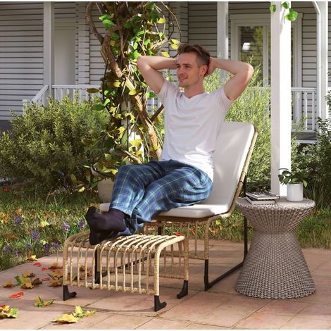 Garten-Loungesessel-Set aus PE-Rattan in Cremeweiß mit Fußhocker, Stahlgestell, Kissen, UV- und wetterbeständig (1/5)