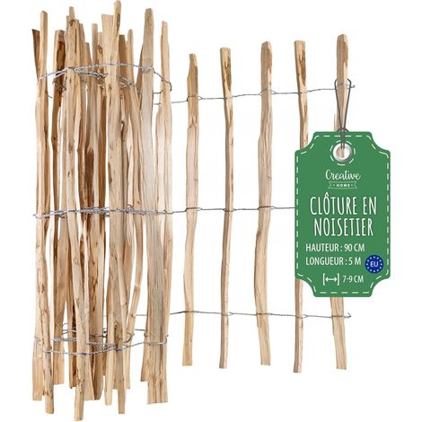 Clôture en bois de noisetier 90 cm x 5 m – Espacement lattes 7-9 cm – Résistante aux intempéries – Installation facile en rouleau