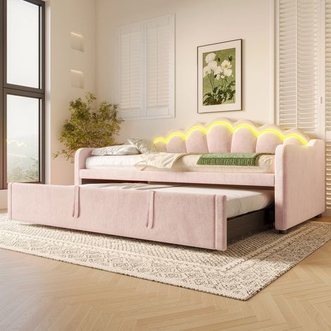 Lit de jour, lit gigogne, 90x200 cm (180x200 cm), canapé-lit, lit simple (sans matelas), lit double, velours, bande LED à couleurs changeantes, rose (1/5)