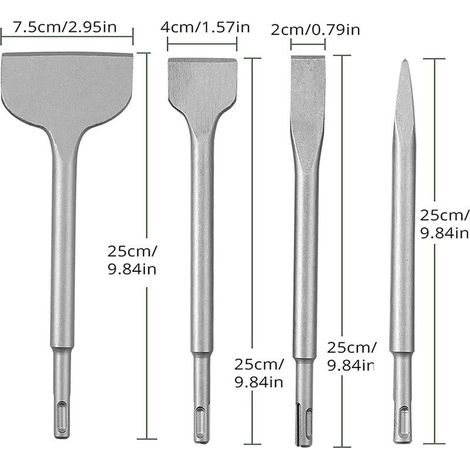 Set of 4 burins to concrete, set of bits for hammer perforateur, includes a chisel pointu, a chisel flat of 20 mm, 40 mm and 75 mm (1/5)