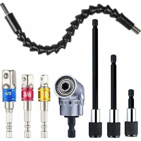 Accessoires de tours, Porte Embout Magnetique Visseuse,3 pcs Embouts de Tournevis Magnétiques à Tige Hexagonale+1 Foret à Angle Droit +1 D'extension d'angle Flexible Mandrin Perceuse+ 3 Embout Visseus (1/5)