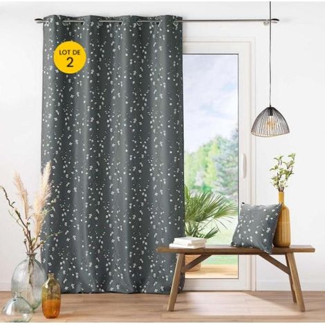 Lot de 2 Rideaux a oeillets 140 x 260 cm polyester appliqué Sakura Anthracite (1/5)