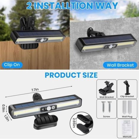 Lampe Solaire A Pince - Detecteur De Mouvement - 36 Led - 1000 Lm - Pour Jardin Cloture Garage - Lot De 2 (1/4)