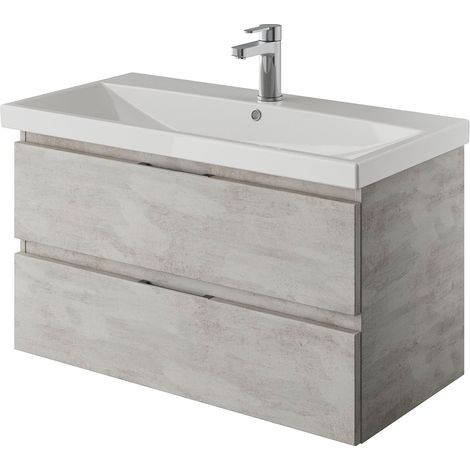Bad Waschtisch, grifflos, 90cm, mit mit Keramik Waschbecken in Oxid Hellgrau VILLATORO-66, B/H/T ca. 90/53,2/45 cm (1/5)