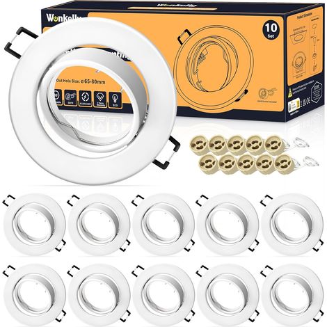 Set de Spots Encastrables GU10, Lot de 10 Cadres Ronds Blancs, Avec Douille Céramique, Pour LED, AC 230V Ø 68mm, Orientable 30°, Cadre de Montage Pour Plafond (1/5)