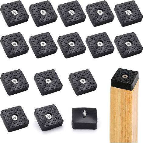 16 Pièces Patins de Meubles Carrés en Caoutchouc 30x30x11mm, Tampon Chaise Antidérapant avec Vis, Protection Pied de Chaise Carré pour Table, Canapé, Bureau, Meuble de Jardin - Noir (1/5)