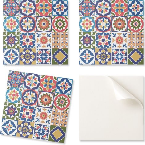 Azulejos decorativos de vinilo para pared con estampado de mosaico en cuadrados de 9x30x30 cm.