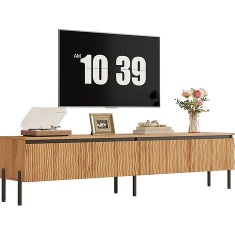 Meuble TV bas, meuble TV, meuble de salon, meuble TV avec quatre portes ondulées, rangement fermé avec passe-câbles, corps en PB+MDF, pieds métalliques (1/5)