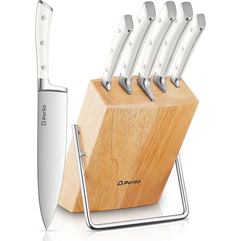 6-teiliges Küchenmesser-Set mit Holzblock, Edelstahl, Weiß (1/4)