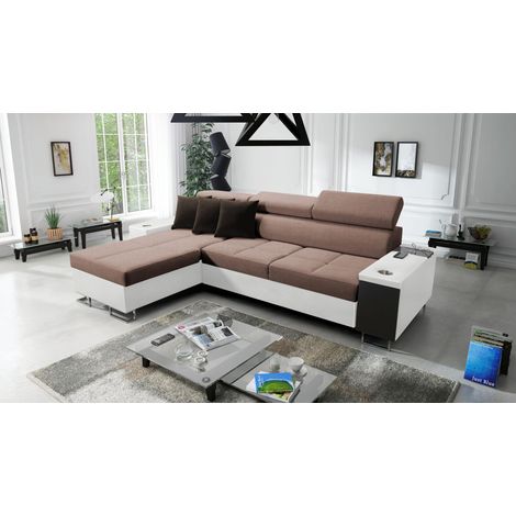 Bequemes Ecksofa mit Schlaffunktion MORENA I MAXI Kunstleder/Sawana Weiß/Braun Links (1/5)
