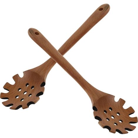 Lot de 2 Cuillères à Pâtes en Bois 325 CM avec Dents Passoire à Pâtes à Manche Long Ergonomique Ustensiles Cuisine Multifonctions pour Spaghetti et Légumes Nettoyage Facile (1/5)