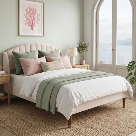 Lit Double Rembourré 140x190 cm en Velours Beige - Tête de Lit Confortable et Pieds en Bois - Style Scandinave, Sommier Inclus (1/5)