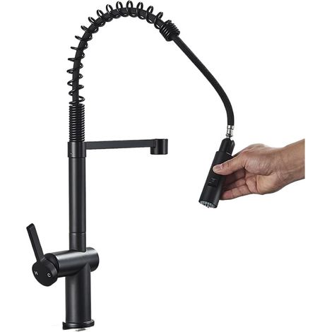 Robinet de cuisine Robinets de cuisine en laiton avec brosse for évier de cuisine, mitigeur à levier avec bec à ressort extractible, grue d'eau chaude et froide(Matte Black) (1/5)