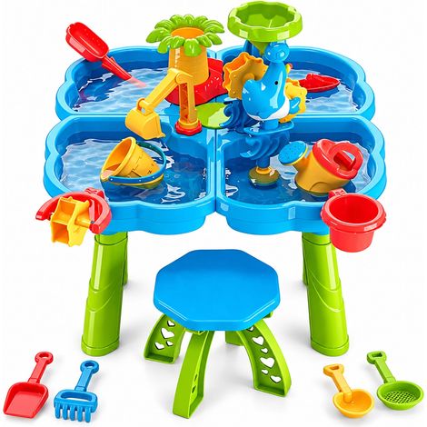 Relaxdays Tavolo d'acqua per bambini, sgabello, 4 scomparti, 32 accessori, HxLxP: 38x58x58 cm, plastica, multicolore (1/5)